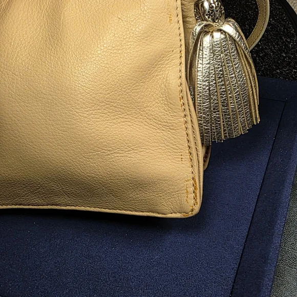 Vintage Brighton Leather Crossbody Bag Beige Silver Tassel Purse